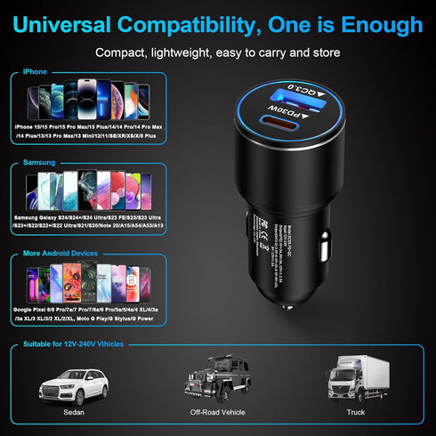48W USB C Car Charger, All Metal 12V USB Outlet PD & QC 3.0 Fast Charge iPhone Car Charger Adapter Type C Flush Fit Car Plug for iPhone 15 14 13 1...
