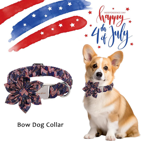 Unique Style Paws 4th of July Dog Collar with Bow American Flag Dog Collar with Bow Tie Adjustable Patriotic Dog Collar for Small Medium Large Dog...