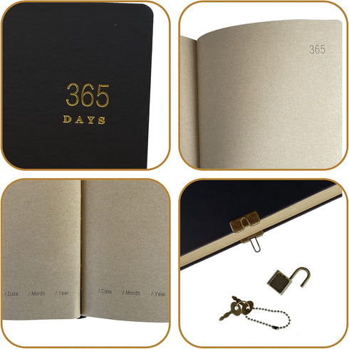 Vintage 365 Journal With Lock And Key A5 Blank Page Notebook Black Hardcover Diary Journal For Women, Men, Adults...