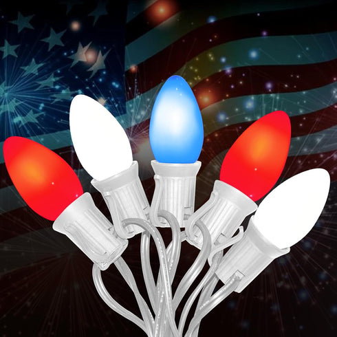 Red White and Blue C7 Outdoor Lights, 25Ft 4th of July Patriotic String Lights with 27 Red White Blue LED Bulbs, Fourth of July Decorations Waterp...