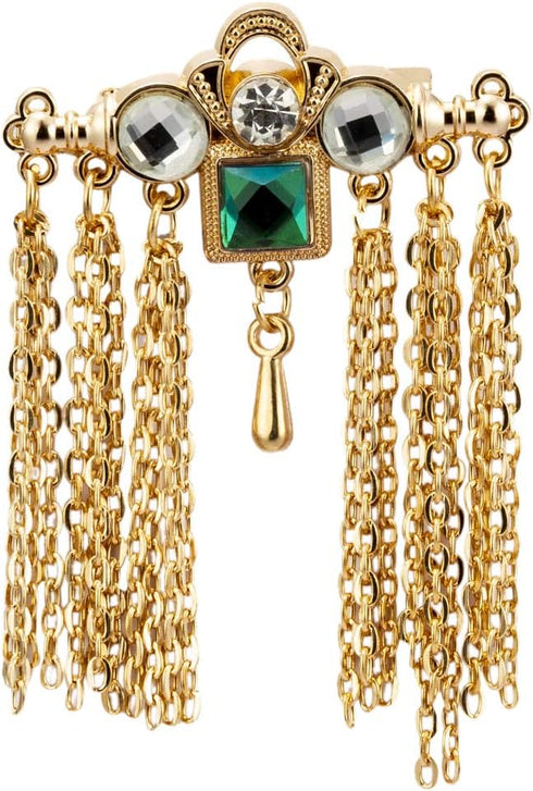 Knighthood Brooch Pin Gold Bar with Semi Precious Green Stone White Shimmer Stone and Hanging Chain Lapel Pin Accessories for Men Women...