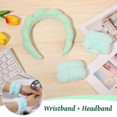 Sponge Spa Headband for Women, Green Makeup Headband and Wrist Washband Set for Face Washing, Skincare, Shower, Makeup Removal...