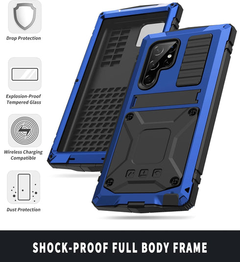 Samsung S23 Ultra Metal Bumper Silicone Case Samsung S23 Ultra Case with Stand Built-in Screen Protector Gorilla Glass Hybrid Military Shockproof ...