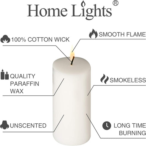 HomeLights Pillar Candles - 2.7x6 inch | 60 Hours Burning, 6 Count - White Unscented Smokeless European Pillar Candles - Perfect for Wedding, Part...