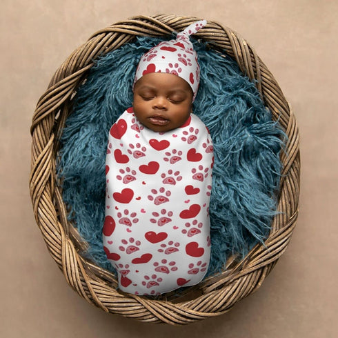 Love Hearts Dog Paw Print Newborn Swaddle Blankets Hat Sets Soft Baby Receiving Blanket Swaddle Sack for Baby Shower Infant Boy Girl Gift...
