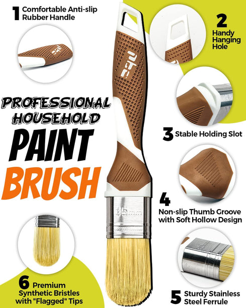 3 Pack Professional Paint Brushes Set, 1", 1.5", 2" House Paint Brush, Premium Synthetic Bristles, Ergonomic Rubber Handle, Small Paint Brushes fo...