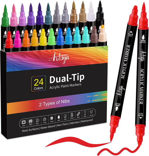 24 Colors Acrylic Paint Pens, Dual Tip Pens With Medium Tip and Brush Tip for Rock Painting, Ceramic, Wood, Plastic, Calligraphy, Scrapbooking, Br...