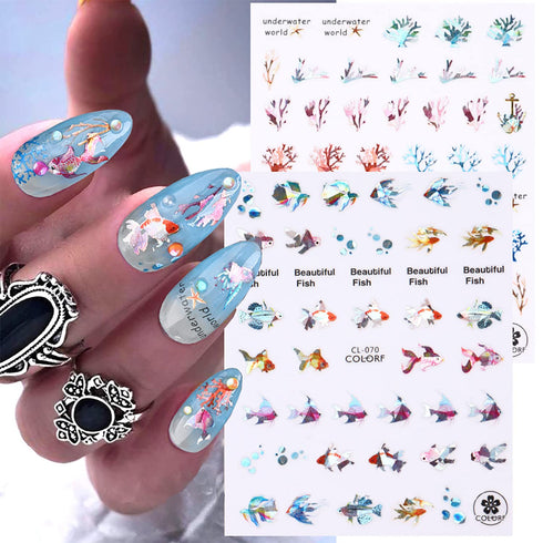 Sea Animals Nail Art Adhesive Sticker 3D Self-Adhesive Nail Decals Art Design Holographic Shell fish Jellyfish Nail Art Sticker Decoration for Wom...