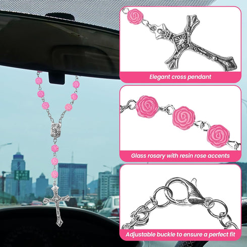 2PCS Pink Rosary Car Rearview Mirror Charms, Interior Pendant Decorations with Medal and Cross, Hanging Accessories for Women and Men (Pink)...