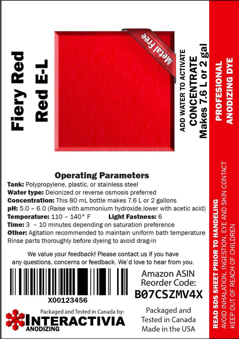 Professional Aluminum Anodizing Pigment Dyes | Fiery Red E-L | Light to Rich Red | Powder Concentrate Makes 7.6 Liters or 2 Gallons...
