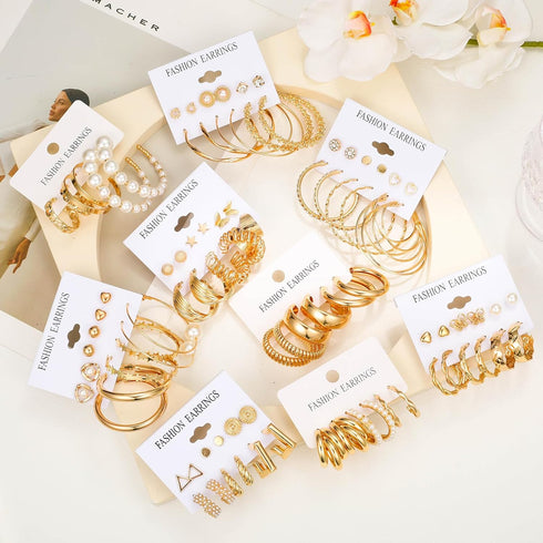 FAXHION 36 Pairs Gold Hoop Earrings Set for Women, Fashion Chunky Gold Hoop Earrings Multipack, Hypoallergenic Pearl Chain Twisted Statement Earri...