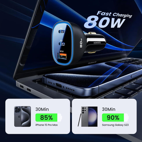 80W USB C Car Charger, 3-Port Cigarette Lighter USB Charger Adapter, QC&PD Type C Car Charger Adapter Fast Charging for iPhone 15/14/13/12 Pro Max...