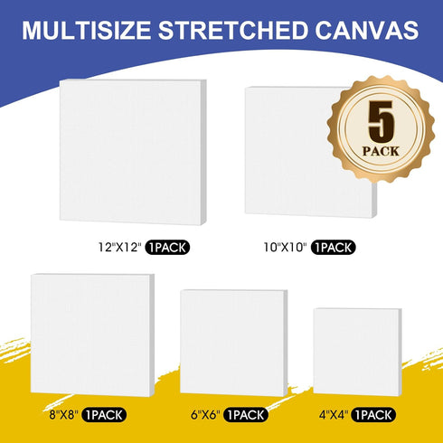 FUMILE Stretched Canvas, Canvases for Painting Multi 5 Pack 4x4,6x6,8x8,10x10,12x12(1 of Each), Cotton Primed Acid Free Blank Canvases for Paintin...
