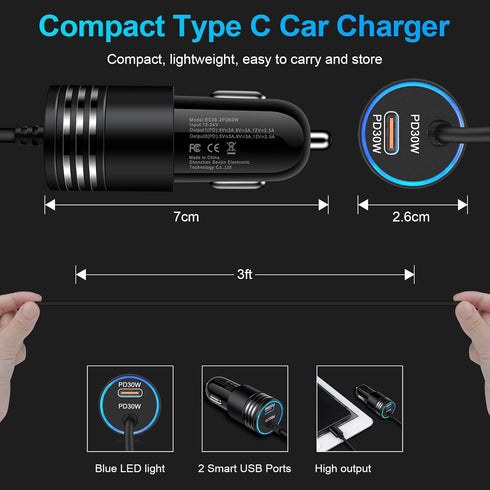 60W Super Fast Charging Android Car Charger Type C Rapid Samsung Car Charger with 3ft Built-in USB C Cable for Samsung Galaxy S24 Ultra S23 FE S22...