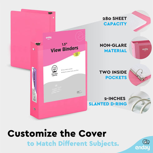 3 Ring Binder 1.5 Inch Pink, 1 ½ inch Binder Clear View Cover with 2 Inside Pockets, Colored School Supplies Office and Home – by Enday...