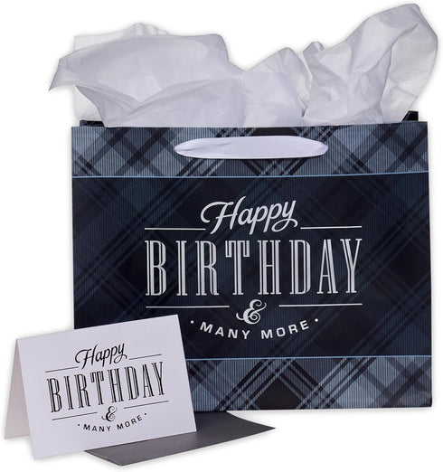 Christian Art Gifts Landscape Gift Bag with Card and Tissue Paper Set - Happy Birthday and Many More, Black and Navy Blue Plaid, Large...