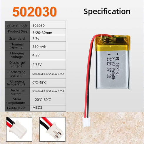 3.7V 250mAh 502030 Lipo Battery Rechargeable Lithium Polymer ion Battery with PH2.0mm JST Connector...