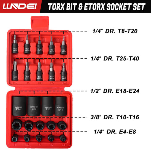 Torx Bit Socket and Female External Socket Set 24PCS, LLNDEI 10 Star Socket Bits (T8-T40)& 14 Female E-Torx Sockets (E4-E24) 1/4" 3/8" 1/2", CR-V,...