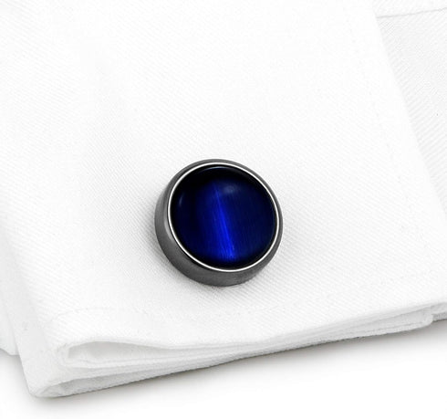 Round Cat Eye Cufflinks for Men Dark Blue Opal Cuff Links in Gun Black Business Shirt...