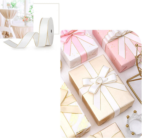 VIVIQUEN White Double Faced Satin Ribbon with Gold Edge, 1” Polyester Continuous Ribbon -25 Yards,Wide Ribbon for Gift Wrapping,Wedding,Bows Bouqu...