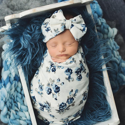 Newborn Swaddle Blanket, Baby Receiving Blanket Wrap with Headband for 0-3 Month Baby Girl and Boy(Blue), One size...