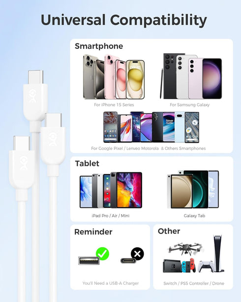Cable Matters 3-Pack Extreme Flexible Long USB A to USB C Cable 10ft in White, Support Apple CarPlay, Android Auto, USB to USB C Charging Cable fo...