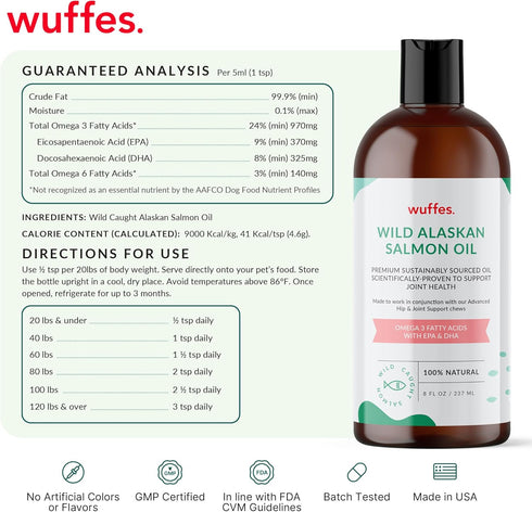 Wuffes Wild Alaskan Salmon Oil for Dogs - Natural EPA & DHA Fatty Acids and Omega 3 for Canines, Healthy Skin and Coat, Joint Support, Reduced All...
