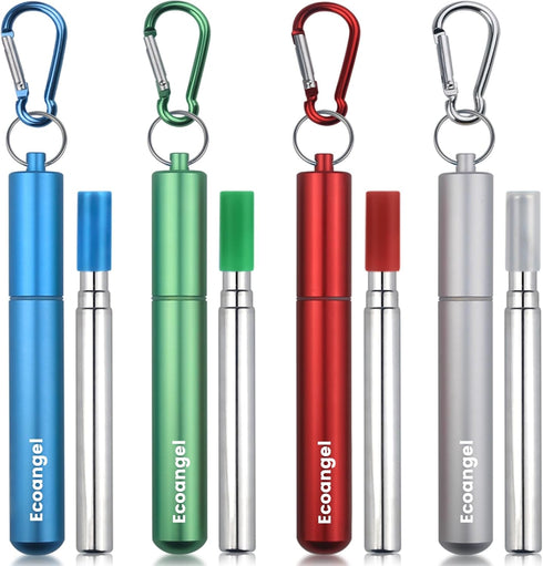 Cruise Ship Essentials,4-Pack reusable Collapsible Stainless Steel Drinking Straws with Aluminum Case,Cleaning Brush,and Keychains-Silver,Blue,Red...