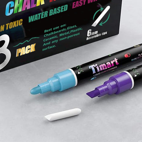 Timart Metallic 8 Pack Liquid Chalk Markers, Bold Wet & Dry Erase Marker Pens for Chalkboards Signs, Blackboards, Windows, Glass- 6mm Reversible T...