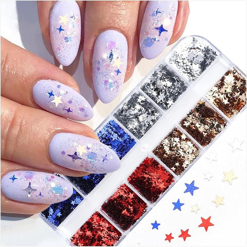 12 Grids 4th of July Nail Art Glitters Sequins 3D Holographic Nail Glitter Flakes Independence Day Nails Sequins Mixed Color Star Nail Flakes Lase...