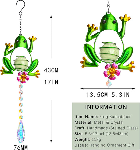 Metal Frog Suncatcher Crystals for Window Ornament - 17" Outdoor Fence Wall Art Decor, Rainbow Maker Hanging for Garden Yard Living Room Bedroom P...
