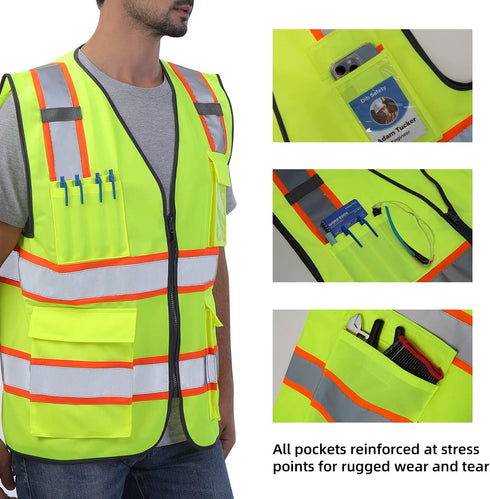 Reflective Vest High Visibility Two Tone with Pockets and Zipper, ANSI Class 2 Compliant, Yellow with Orange Trim XL...
