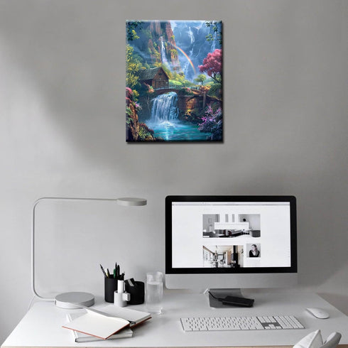Tropical Mountain Forest Paint by Numbers Kits 16x20 inch Canvas Waterfall with Rainbow DIY Oil Painting for Kids, Adults Beginner Wooden House Pa...