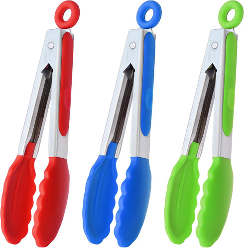 Mini Tongs with Silicone Tips 7-Inch Serving Tongs, Set of 3 (Red Blue Green)...
