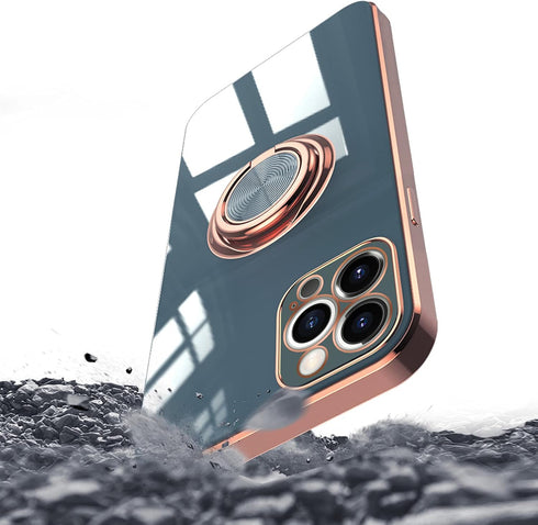 Omorro iPhone 12 Pro Max Ring Holder Case with 360 Rotation Kickstand, Shiny Plating, Rose Gold Edge, Compatible with Magnetic Car Mount, Slim Sof...