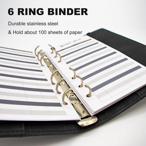 A6 Refillable 6 Ring Faux Leather Budget Binder,Mini Notebook Binder Cover for A6 Filler Paper,Loose Leaf Personal Planner Binder Cover with Magne...