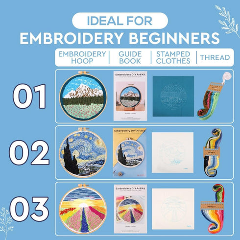 Fashhut Set of 3 Embroidery Kit for Adults with Patterns and Complete Instructions – Landscape Hand Embroidery Kits with 1 Embroidery Hoop, Needle...
