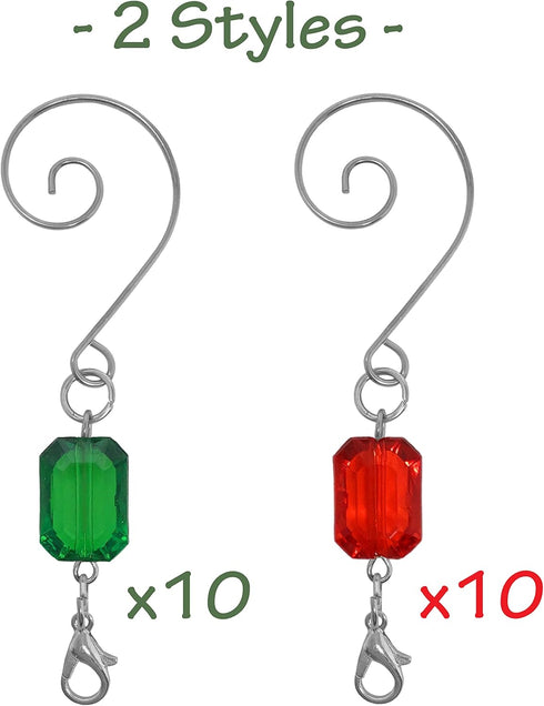 Christmas Ornament Hooks - Set of 20 Red and Green Acrylic Jewels - Silver Wire Ornament Hangers - Decorative Scroll S-Hook with Lobster Claws - H...