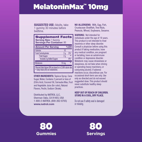 Natrol MelatoninMax, Sleep Gummies for Adults, Blueberry Flavor, 10 mg, 80 Count, Up to an 80 Day Supply...