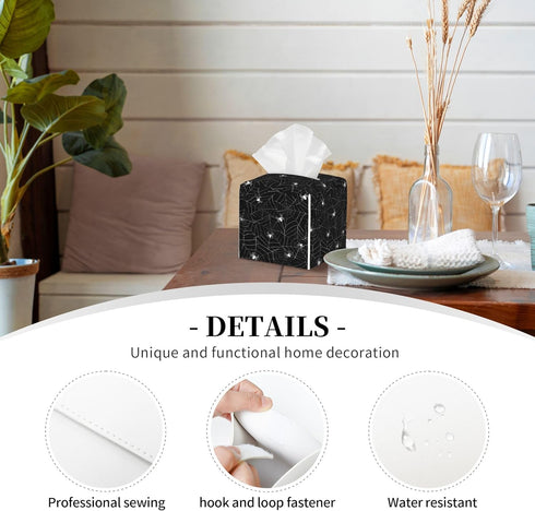 Leather Tissue Box Holder Spider Web Tissue Box Cover Square Waterproof Tissue Holder Organizer Modern Napkin Holder for Bedroom Dresser Night Sta...