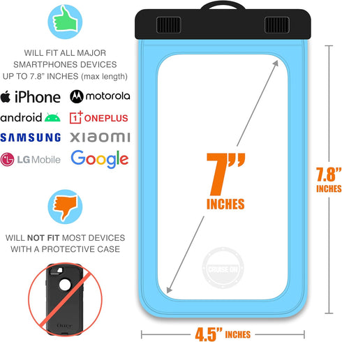 Cruise Lanyards Extra Large Waterproof Cell Phone Pouch Dry Case w/Touch Screen - for Screen Size up to 7” (iPhone 15 14 13 Max, Samsung Galaxy S2...