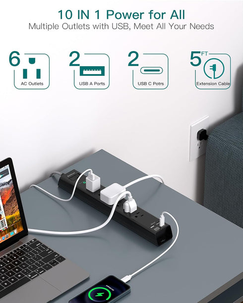 Surge Protector Power Strip - Extension Cord with 6 AC Outlets 4 USB (2 USB-C Ports), Flat Plug with Overload Surge Protection, Wall Mount, 5ft, O...