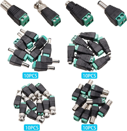 40PCS Male Female Power Connector DC 12V 5.5 x 2.1mm Power Jack Plug Adapter Barrel Connector, BNC Male Female Balun Connector for CCTV Coaxial Ca...