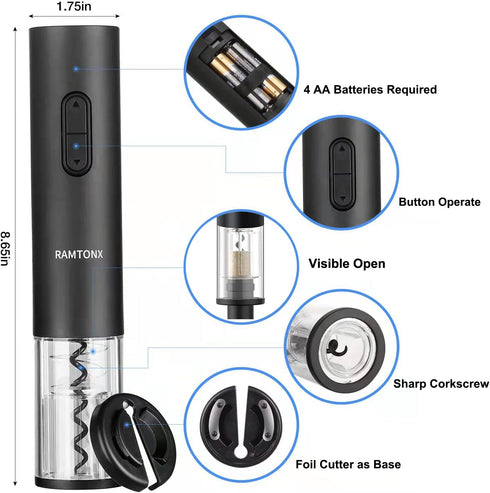 Electric Wine Bottle Opener, Wine Opener Corkscrew Key Set with Foil Cutter,Automatic Reusable Easy Carry Black Wine Opener Gift for Waiter Women ...