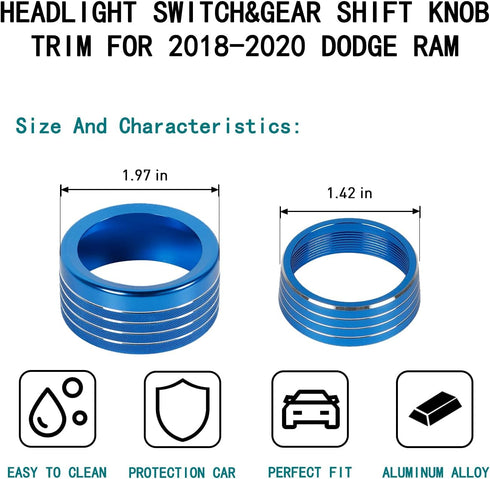 Voodonala for Dodge RAM Aluminum Headlight Headlamp & Gear Shift Shifter Shift Lever Selector Knob Switch Adjustment Knob Cover for 2018-2024 Dodg...