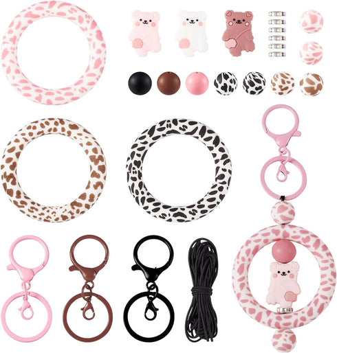 Magibeads 25Pcs Cow Bear Theme Silicone Beads for Keychain Making Kit 15mm Round Focal Beads Big Silicone Loop Rings Rhinestone Spacer Beads for C...