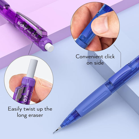 Nicpro 0.7 mm Art Mechanical Pencil Bulk Set, 10 PCS Colored Rotate-Erase & Fast Click Lead Pencils with 5 Tubes HB Lead Refills, 10 Eraser Refill...