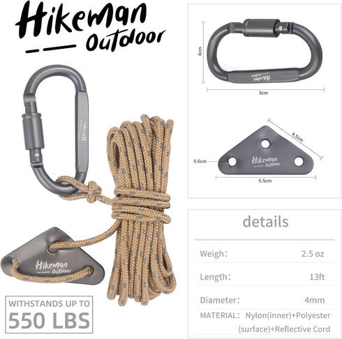 Hikeman 4 Pack Camping Rope with Locking Carabiner Clip,4mm Reflective Guy Lines with Triangular Guyline Adjuster Tensioner,Nylon Cord for Tent Ta...
