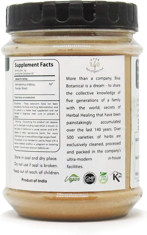 bixa BOTANICAL Sarsaparilla Root Powder (HEMIDESMUS INDICUS) - 100g(3.5 Oz) Pack of 1| Natural Blood Purifier & Cooling Agent |Anti Oxidant Herbal...