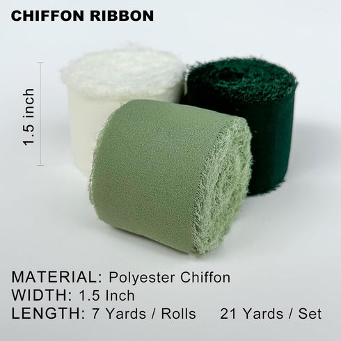 Cream & Green Silk Ribbon, Handmade Chiffon Ribbon 1.5" x 7Yd 3 Rolls, for Gifts Wrapping, DIY Crafts, Wedding Invitations, Bridal Bouquets...